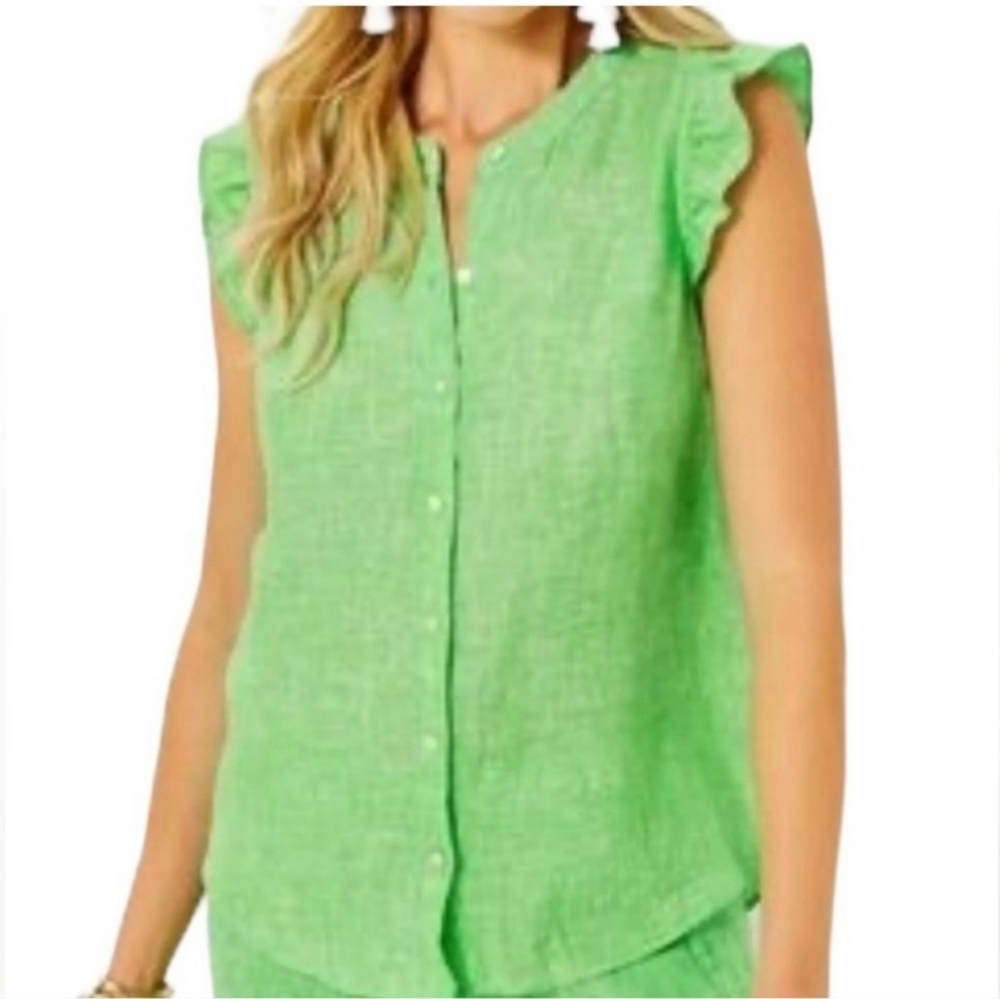 Lilly Pulitzer Lime Green Ruffle Cap-Sleeve Button Front Blouse NWT
